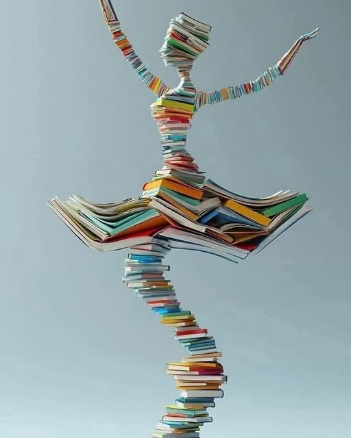 books stacked in the shape of a dancer on one leg wearing a skirt with both arms held upwards