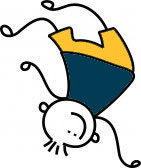 An smiling upside-down cartoon child with legs in the air and head below their body. They are wearing a dark blue top and a yellow pair of shorts.