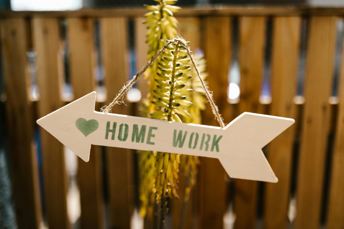 Light wooden arrow sign, pointing left, hung casually on a plant, that has a heart and the world HOME WORK stencilled on if.