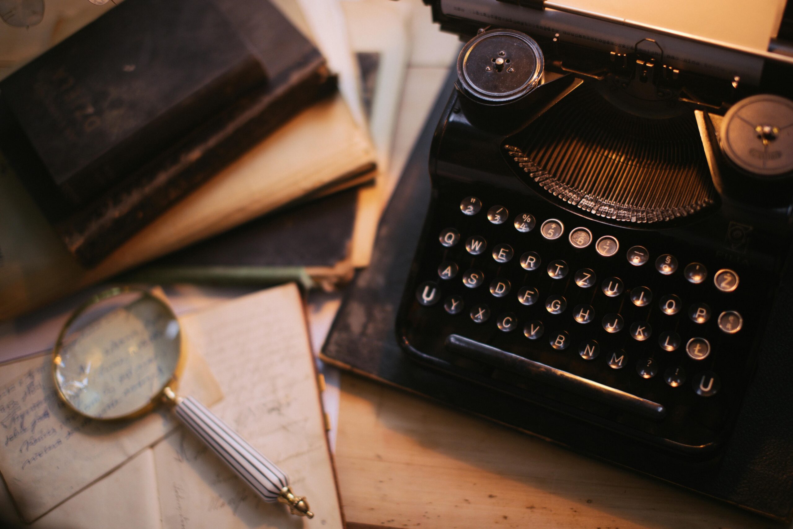 Wooden desk, with writers metal typewriter, that has press down keys, a magnifying glass and textbooks, setting the writers scene.